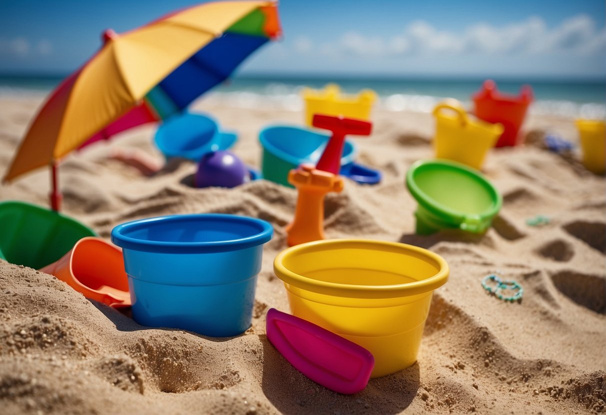 Children's sand toys scattered on the beach with buckets, shovels, and molds. A colorful beach umbrella provides shade