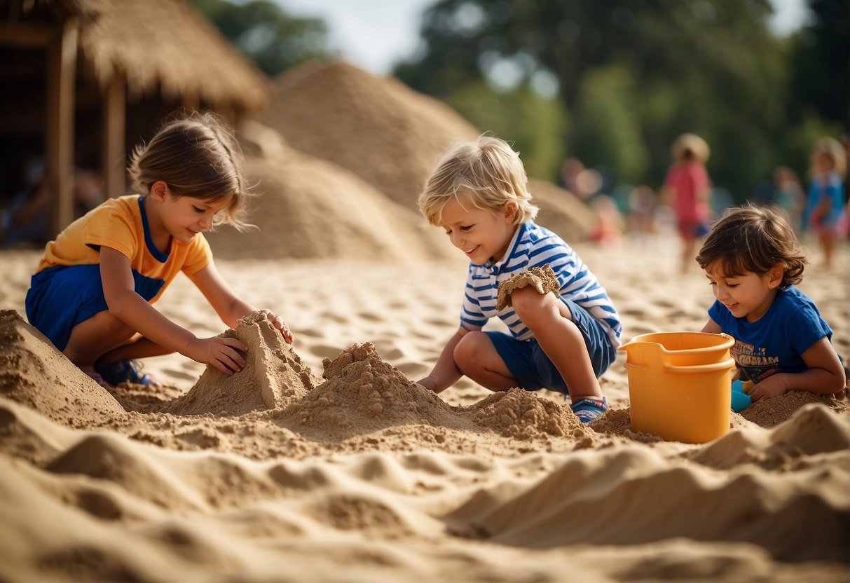 Children engaged in various sand play activities, such as building sandcastles, digging trenches, and creating intricate patterns in the sand with tools and toys