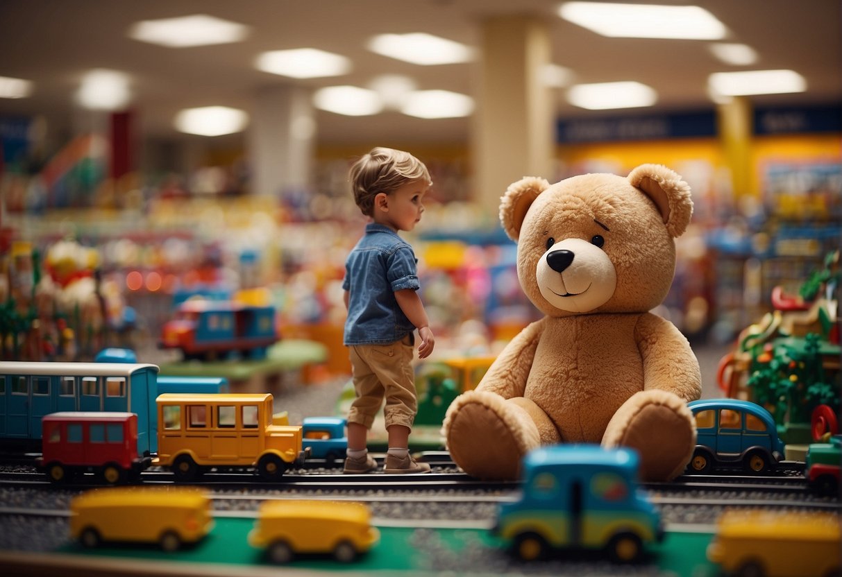 Children browse colorful shelves in a bustling toy store. A giant teddy bear catches their eye, while a train set chugs along a miniature track. Bright lights and playful displays fill the space