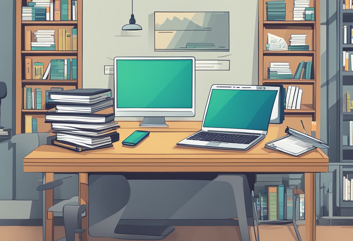 A desk with a laptop, calculator, and financial documents. A bookshelf with personal finance books. A sign with "Insurance Essentials" on the wall