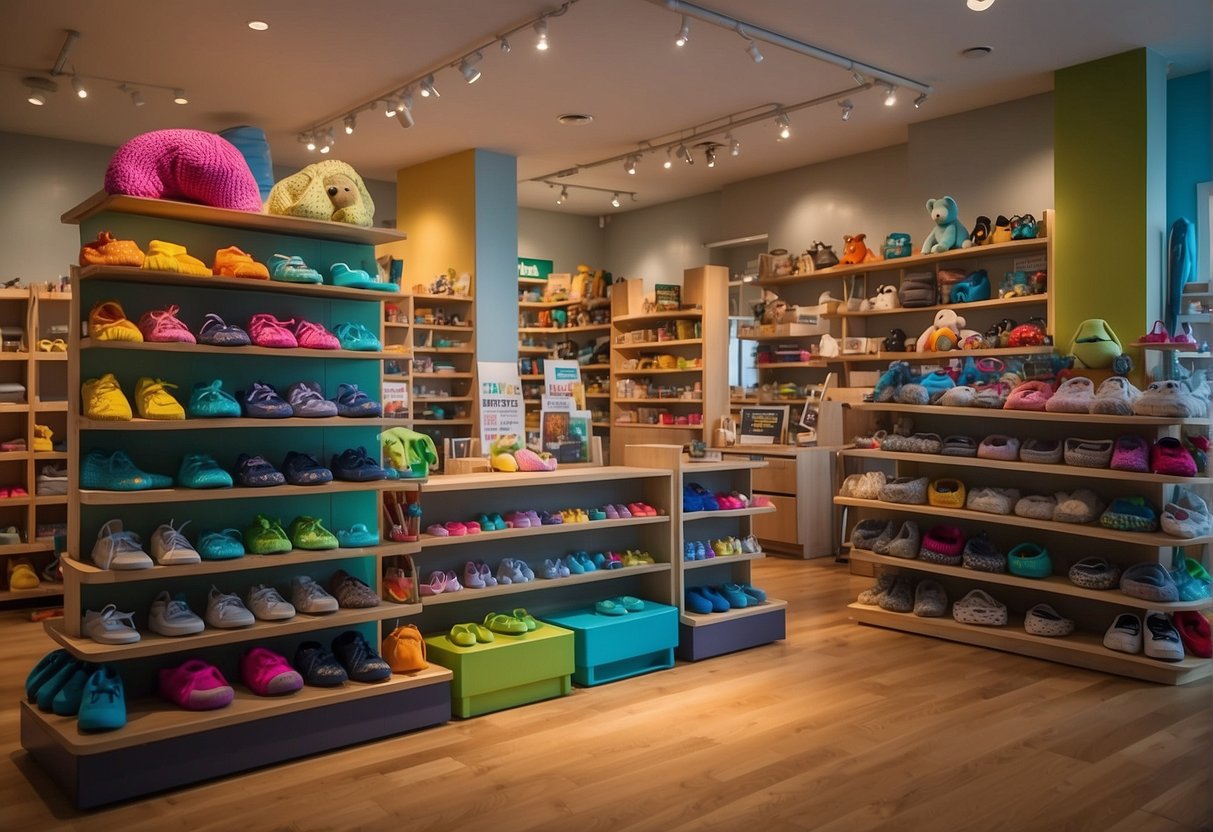 A colorful display of eco-friendly kids' gear in a vibrant Seattle store, with shelves of sustainable toys, clothing, and accessories
