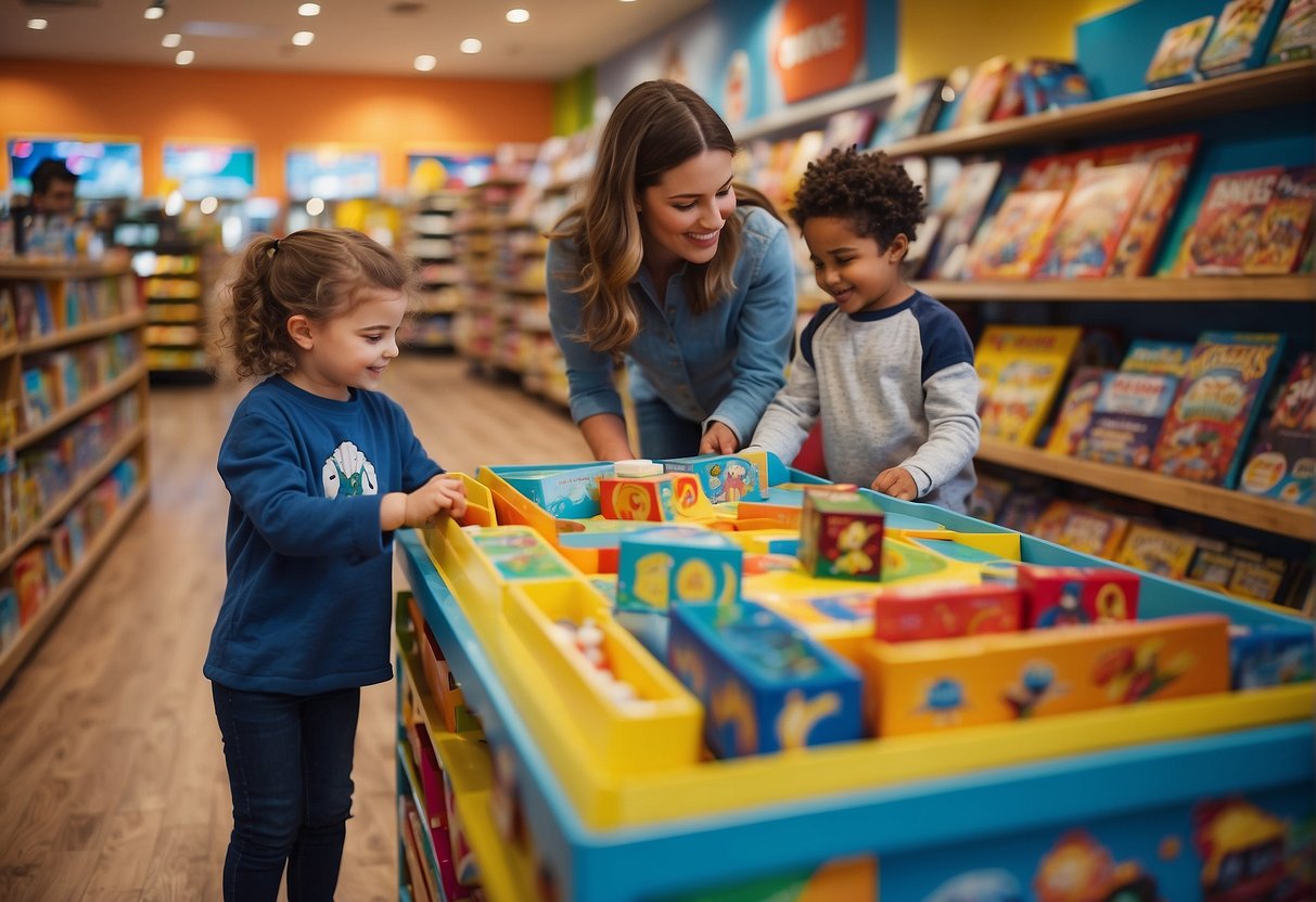Children exploring colorful toy displays, shelves filled with board games, and enthusiastic staff assisting customers in a vibrant and welcoming kids store