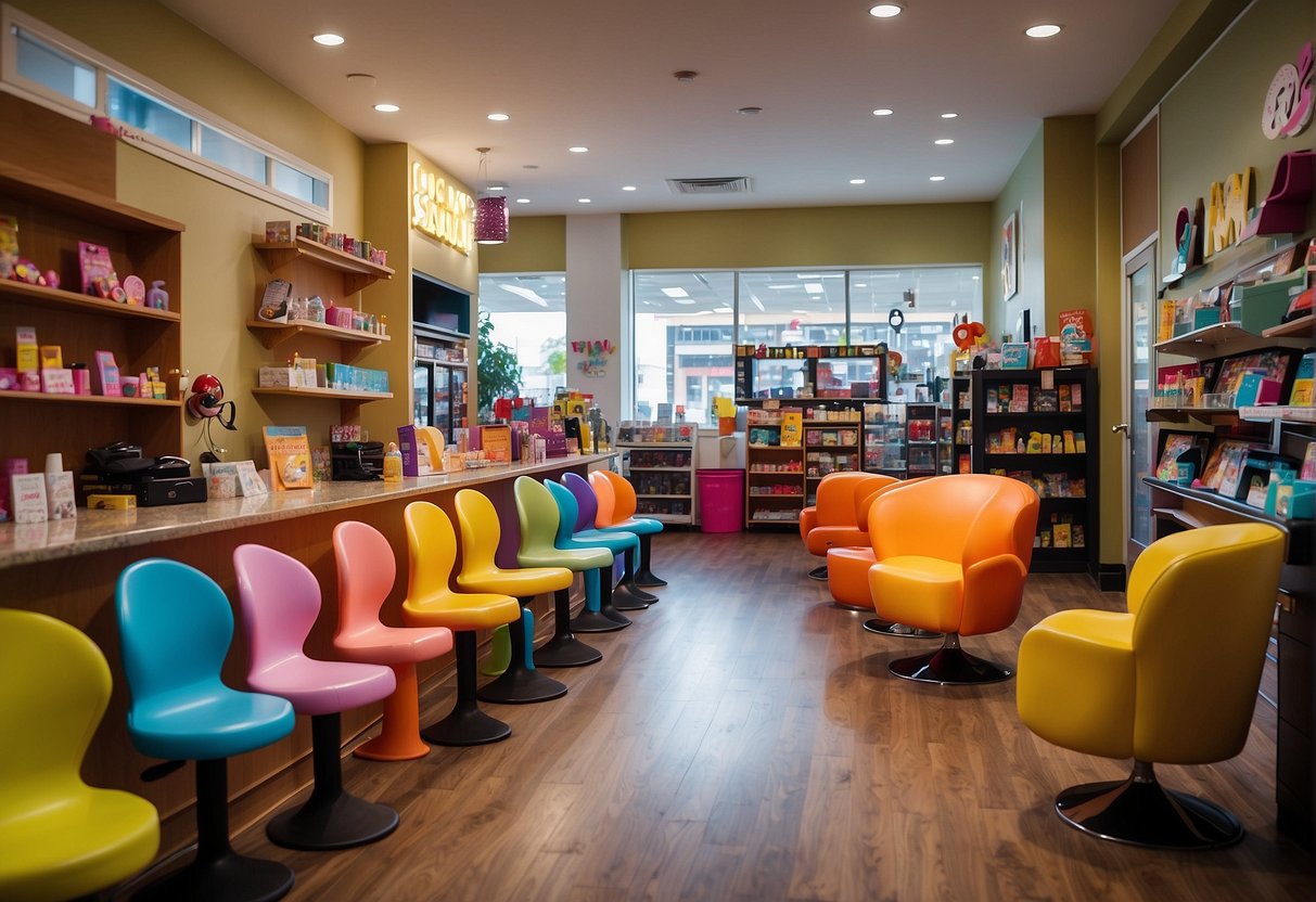 Children's salon with colorful chairs, toys, and friendly staff. Nearby, a row of top-rated kids' stores in Seattle