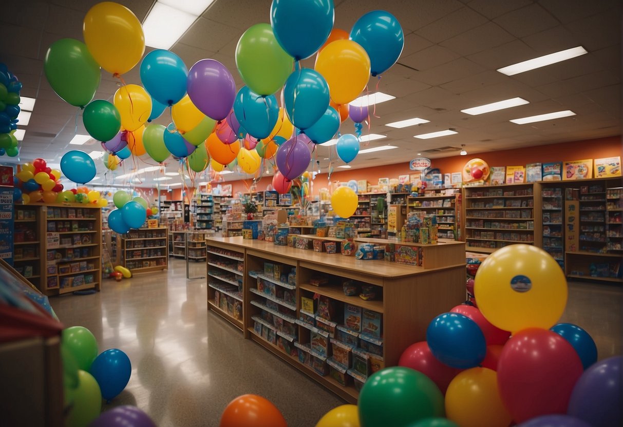Brightly colored toys and games fill the shelves of a bustling kids' store in Seattle. Balloons and streamers decorate the space, while children play with interactive displays and try on costumes