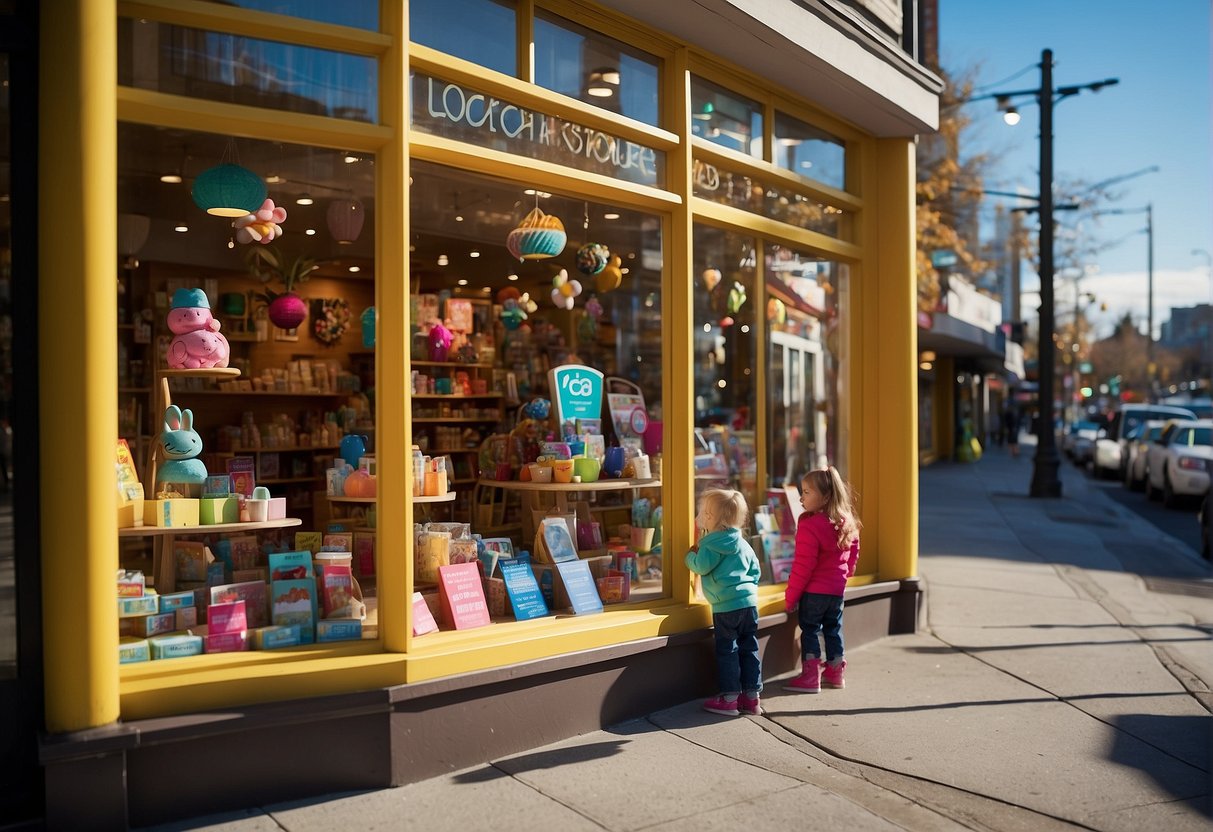 Children's products displayed in cozy, colorful storefronts. Playful window displays invite young customers. Signage showcases "Local Favorites" and "10 Best Kids Stores in Seattle."