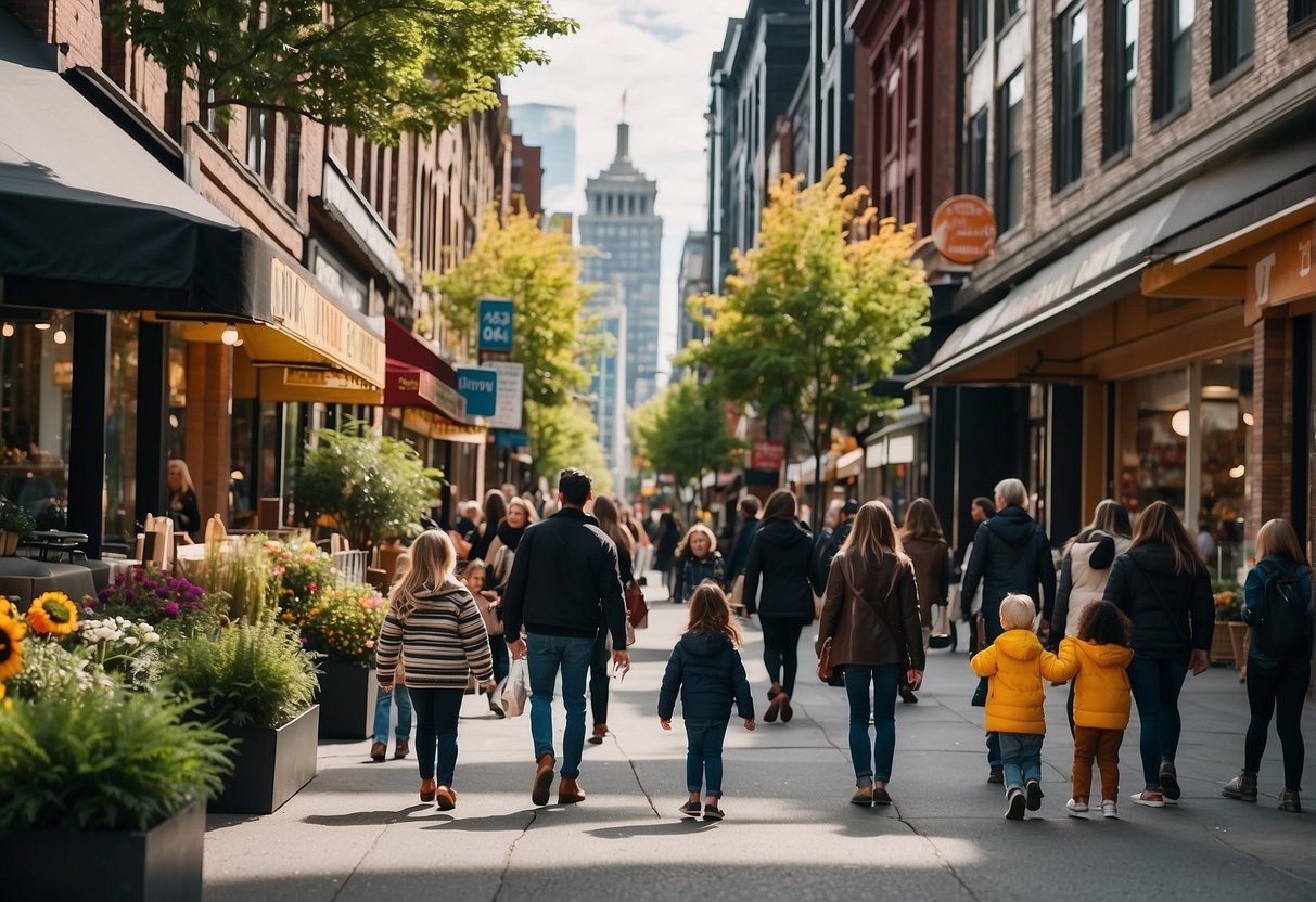 A bustling city street with colorful storefronts, welcoming signage, and families happily exploring the best kids stores in Seattle