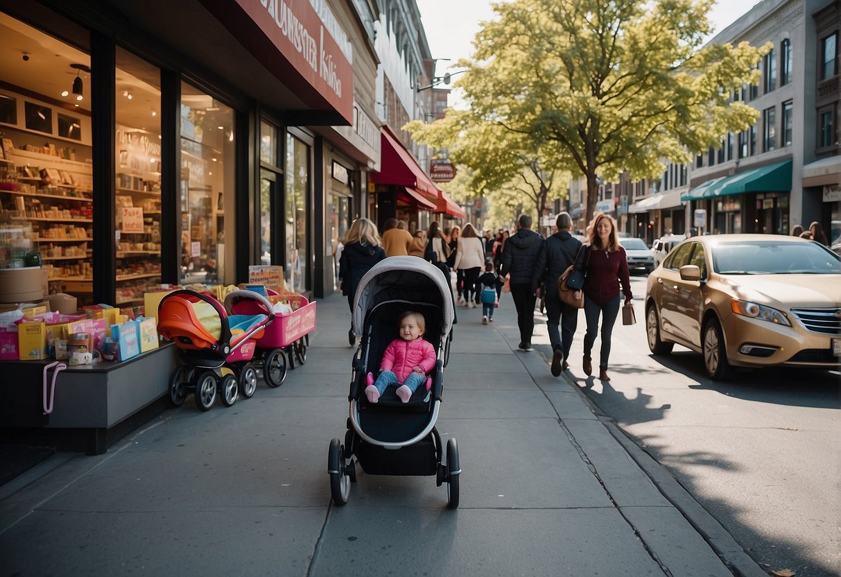 A bustling street lined with colorful stroller and baby gear shops, with vibrant storefronts and happy families browsing the latest kids' products in Seattle