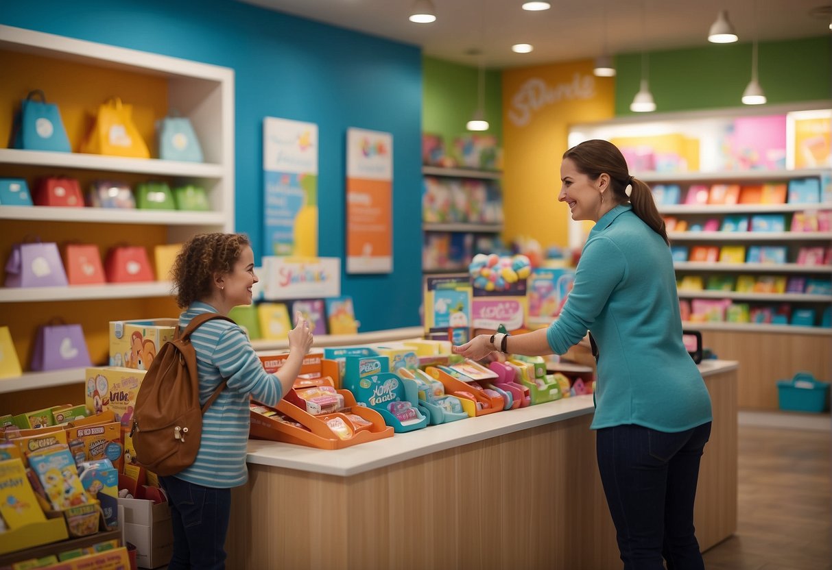 A staff member assists a customer with a smile in a bright and colorful kids store, showcasing their extensive knowledge and excellent customer service