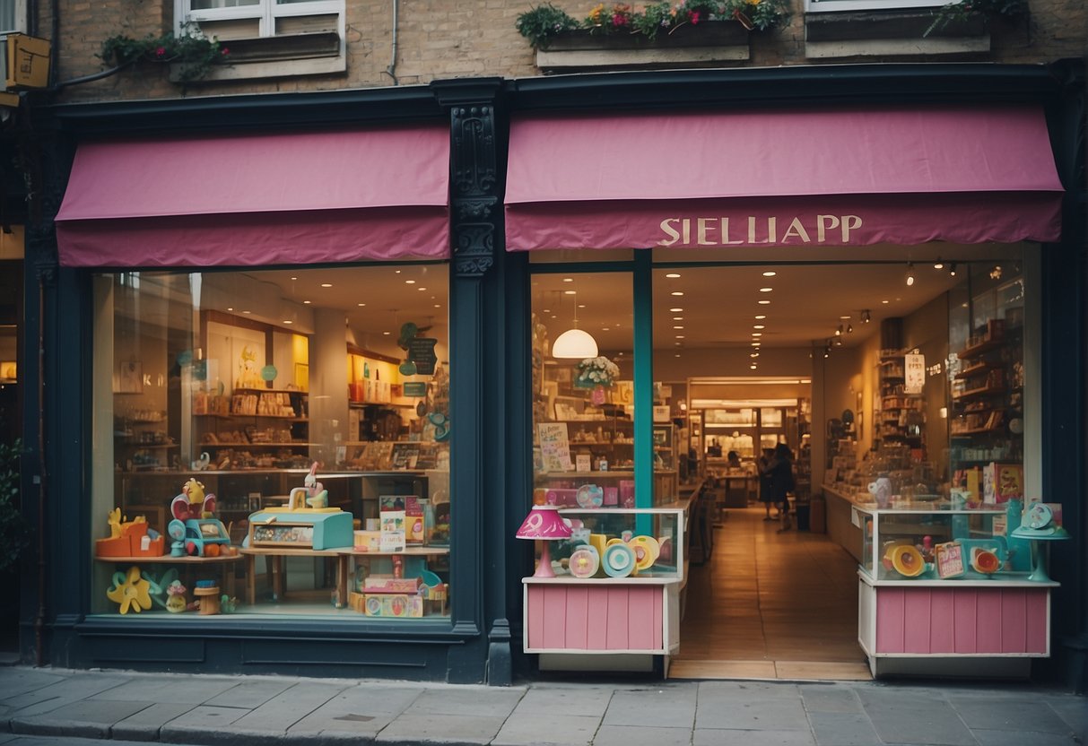 A colorful storefront with a welcoming sign, surrounded by playful window displays and happy children's toys