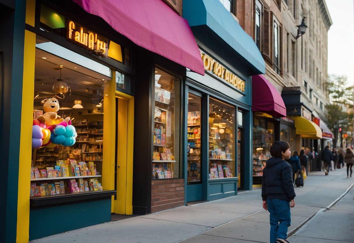 Colorful storefronts line the bustling streets of Washington DC, showcasing the top toy stores in the area. Bright signage and playful window displays invite children and families inside