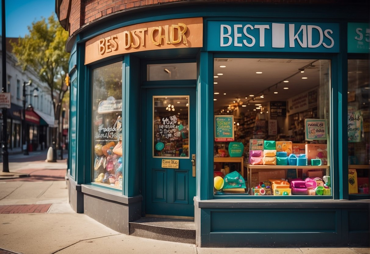 A colorful storefront with a cheerful sign reading "Best Kids Stores in Washington DC." Brightly displayed toys and clothing catch the eye of passersby