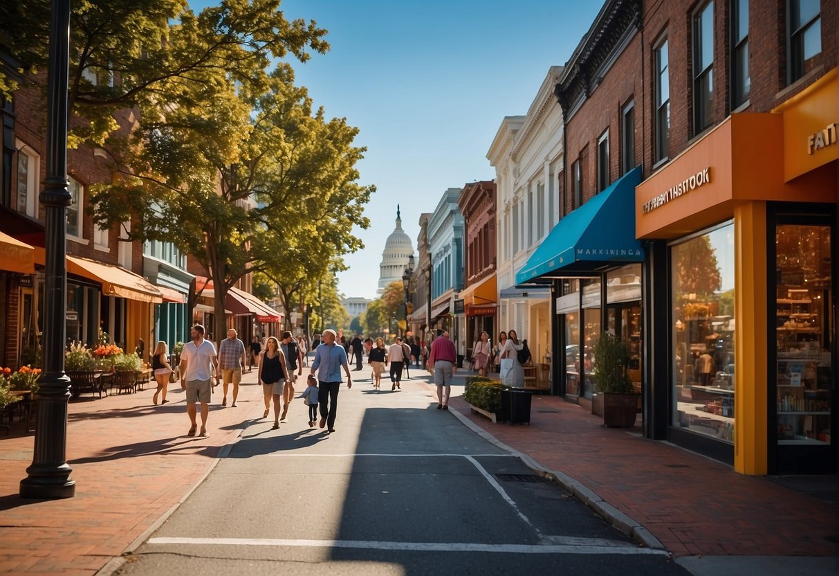 Colorful storefronts line the bustling street, with playful signage and inviting displays. Families stroll by, drawn to the vibrant energy of the kid-friendly shops nestled among popular attractions in Washington DC