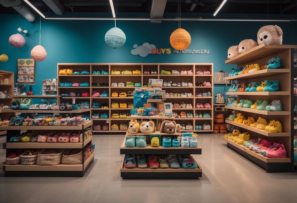 Colorful shelves display a variety of toys in a spacious store, with children's clothing and accessories on racks nearby