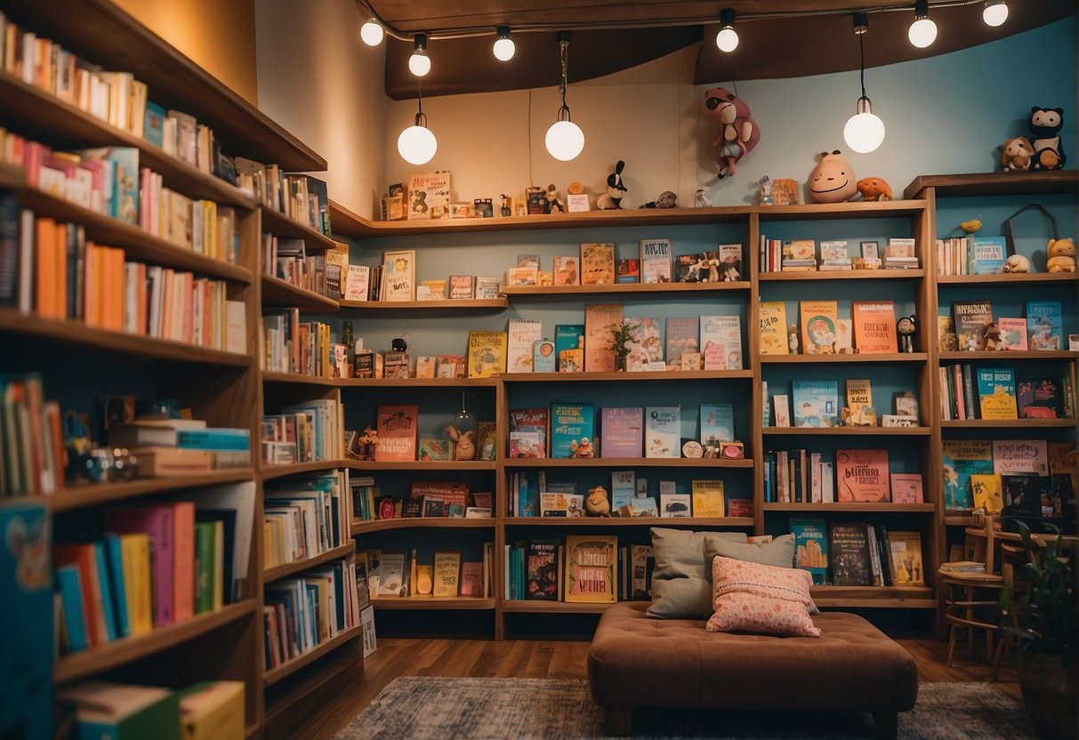 A cozy children's bookstore with colorful shelves, comfy reading nooks, and whimsical decor in Chicago