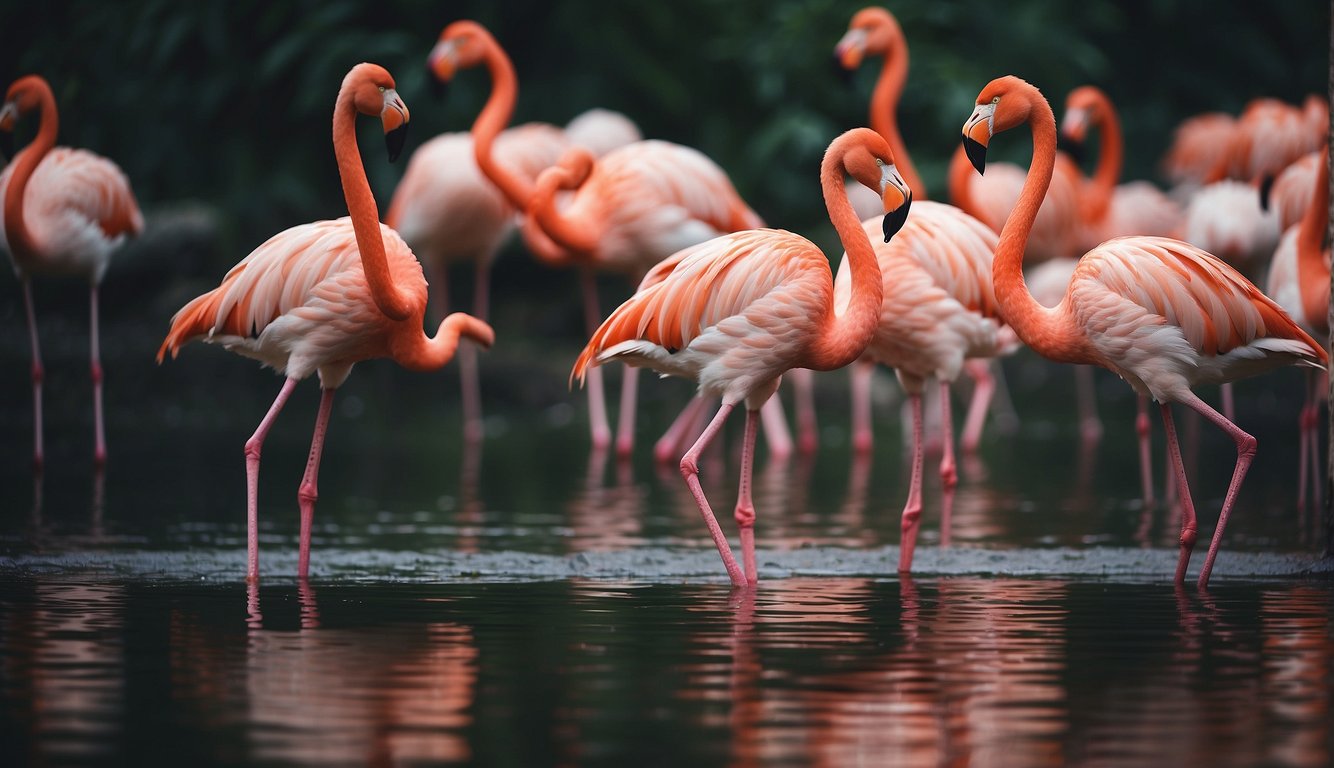 A group of flamingos wade in shallow water, their vibrant pink feathers reflecting in the sunlight.

They stand on one leg, with long, graceful necks curved as they preen themselves