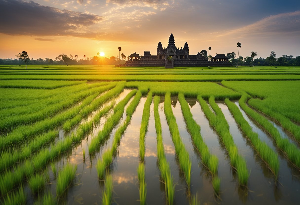 A serene Cambodian landscape with lush green rice fields, ancient temples, and a vibrant sunset over the horizon