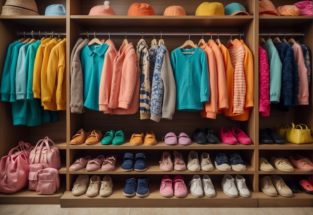 A colorful display of children's apparel and accessories fills the shelves of a trendy boutique in Chicago, featuring unique and stylish items for kids