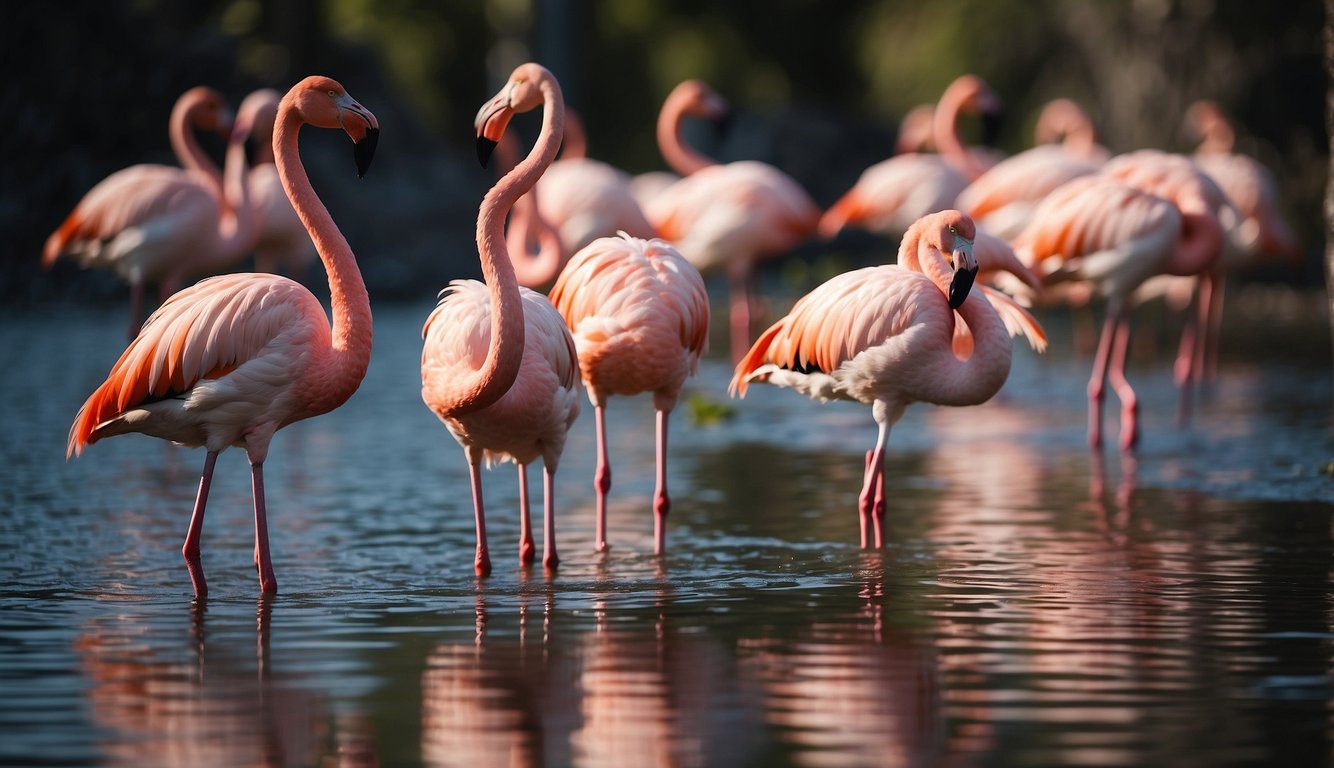 A group of flamingos wading in a shallow pond, their vibrant pink feathers reflecting in the water as they gracefully move and socialize