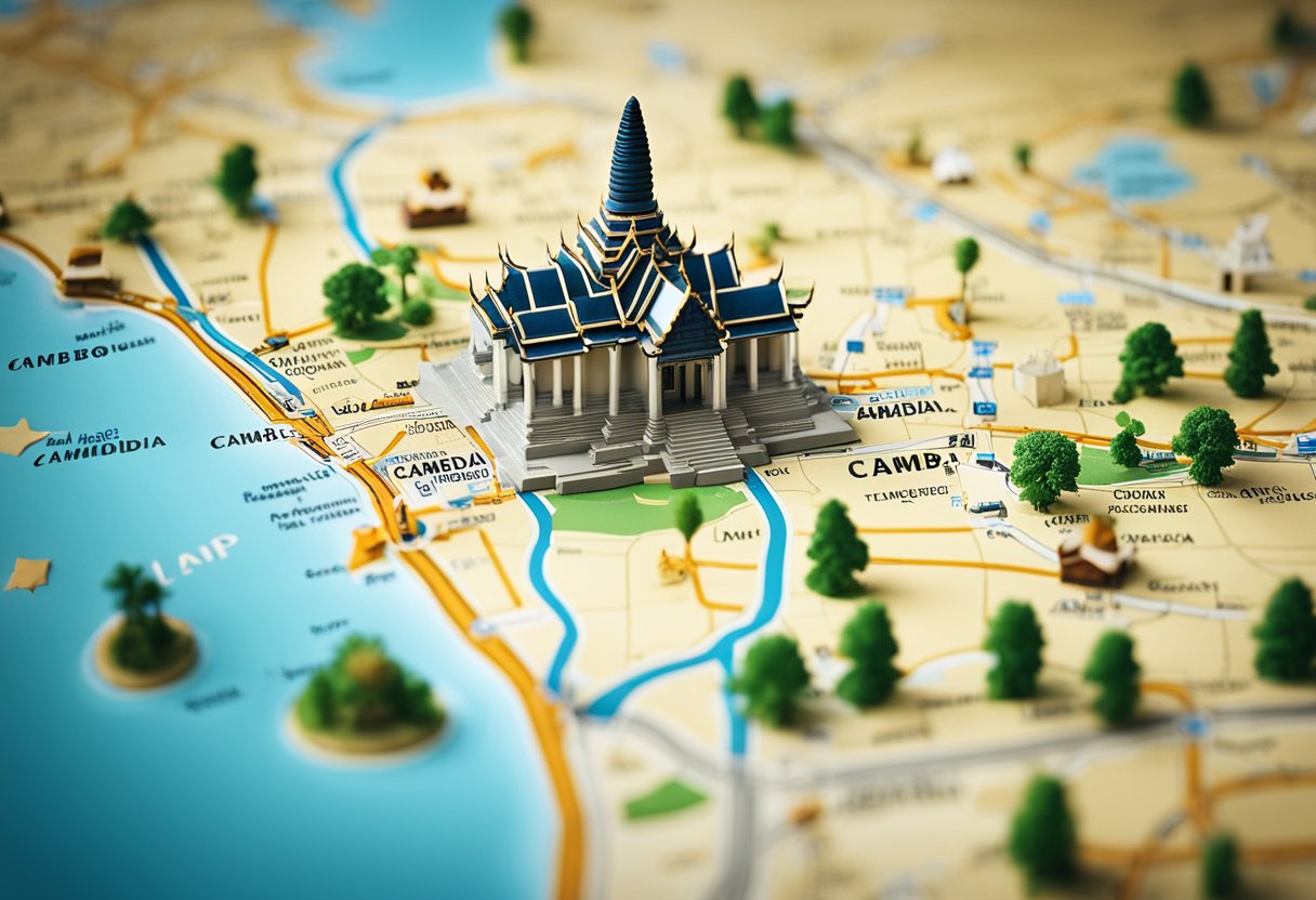 A map of Cambodia with iconic landmarks and travel essentials scattered around