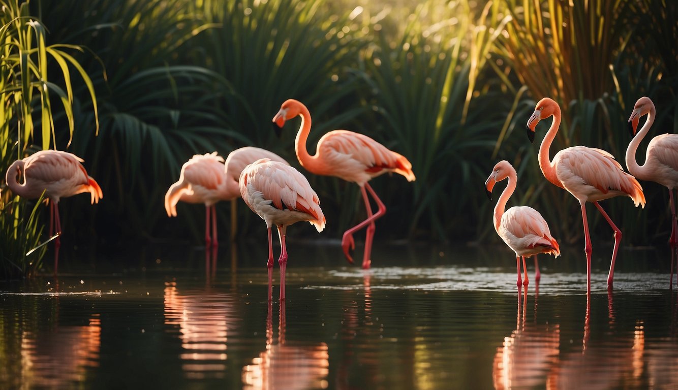 A group of flamingos wade in shallow, pink-tinged waters surrounded by lush greenery and tall reeds.

The sun casts a warm glow on their vibrant feathers as they gracefully move about
