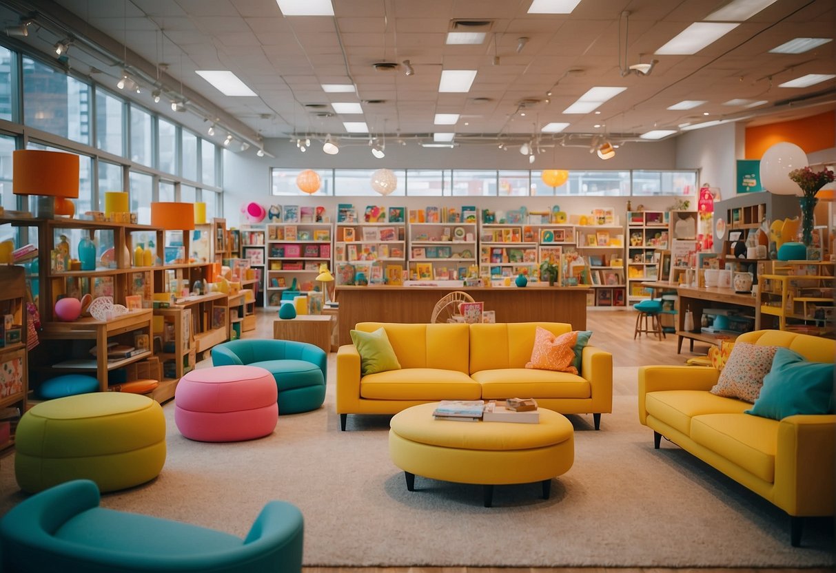 A colorful display of kids' furniture and decor in a bright and spacious store in Chicago