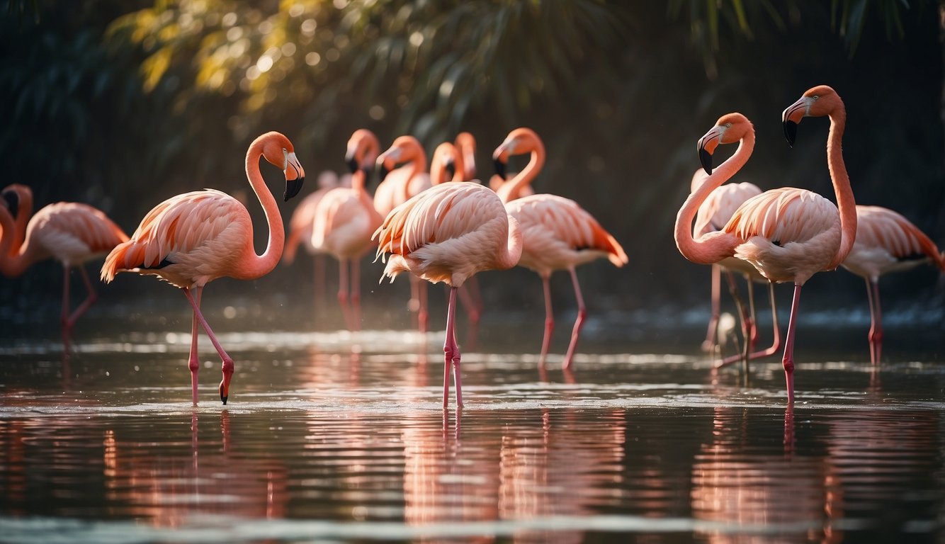 A group of flamingos wading in shallow water, their vibrant pink feathers reflecting in the sunlight.

Surrounding them are various threats to their habitat, such as pollution and human activity