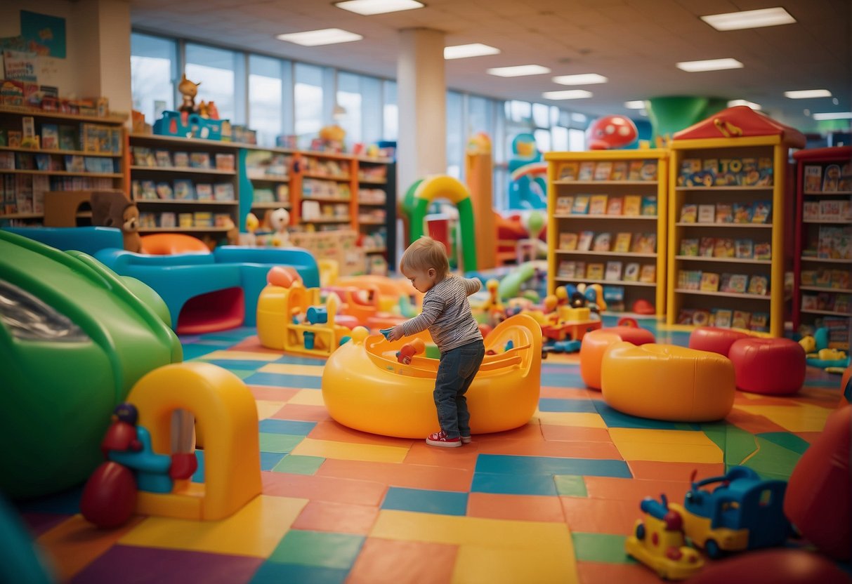 Children playing in colorful play centers, surrounded by toys, books, and games. Brightly lit store with shelves filled with kid-friendly products