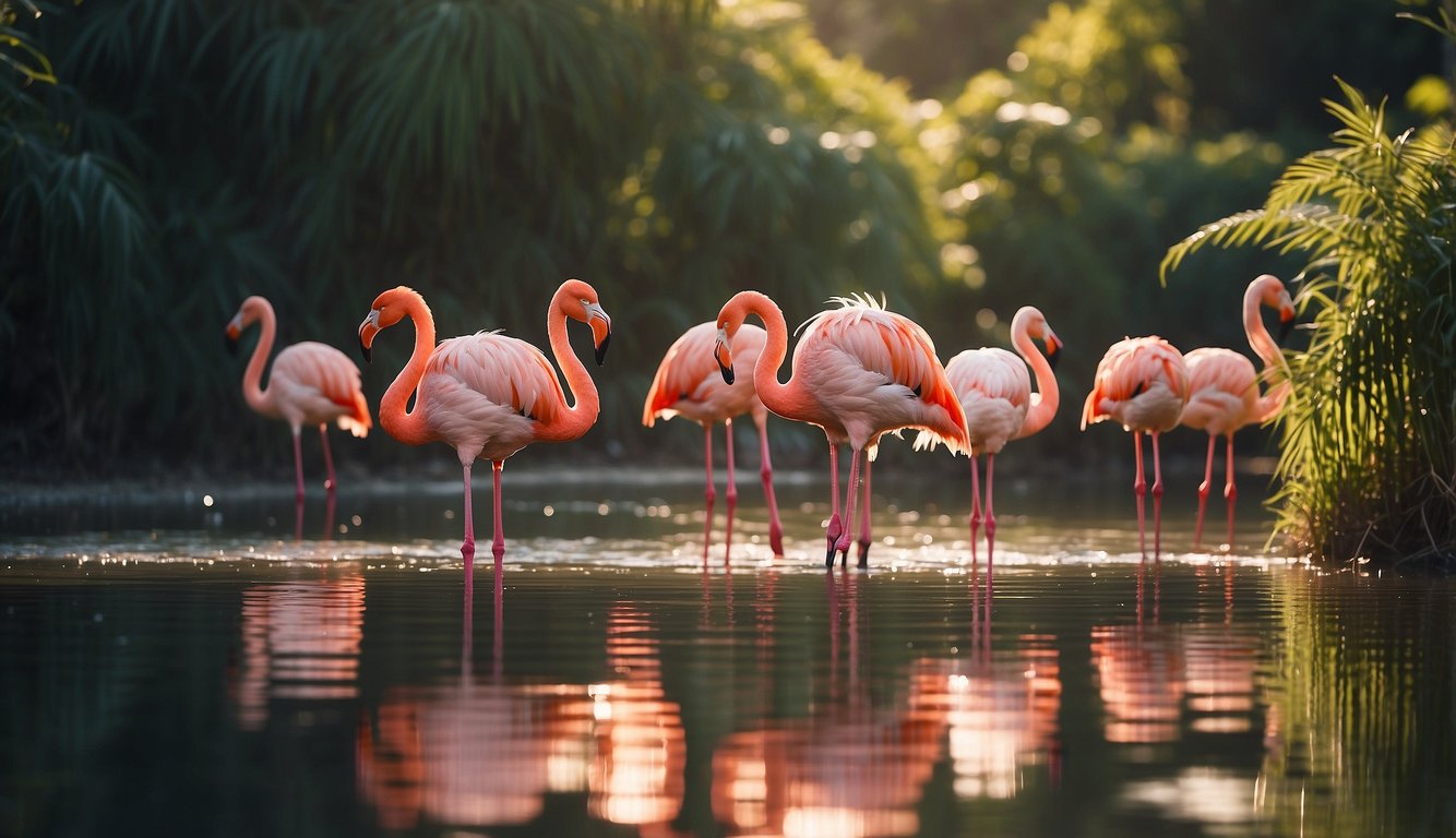 A group of flamingos wading in shallow water, their vibrant pink feathers reflecting in the sunlight.

They are surrounded by lush greenery and appear relaxed and content