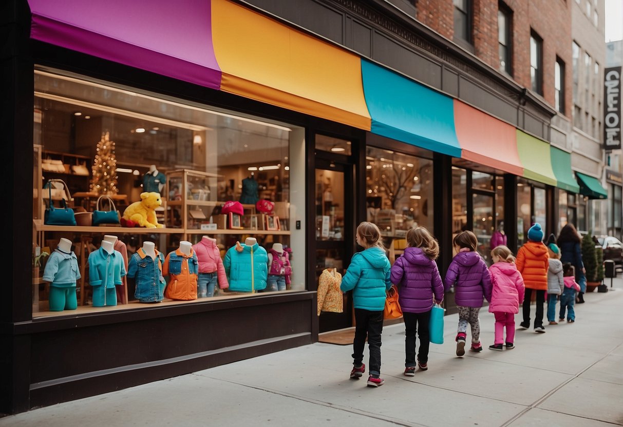 Brightly colored storefronts line the bustling Chicago street, showcasing the best kids' stores. A variety of toys, clothes, and books are on display, drawing in parents and children alike
