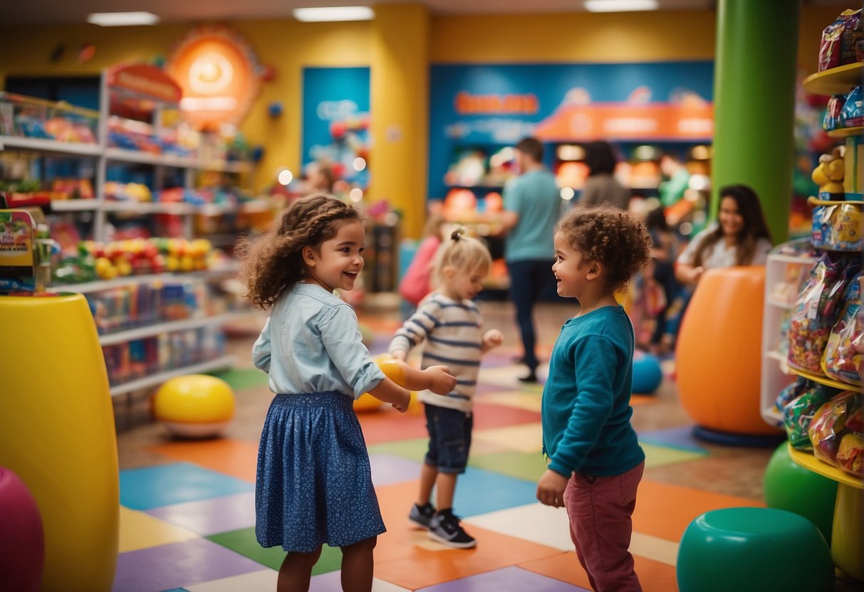 Children playing in a vibrant, interactive store. Parents and community members engage in activities and events. The store is filled with colorful displays and a welcoming atmosphere