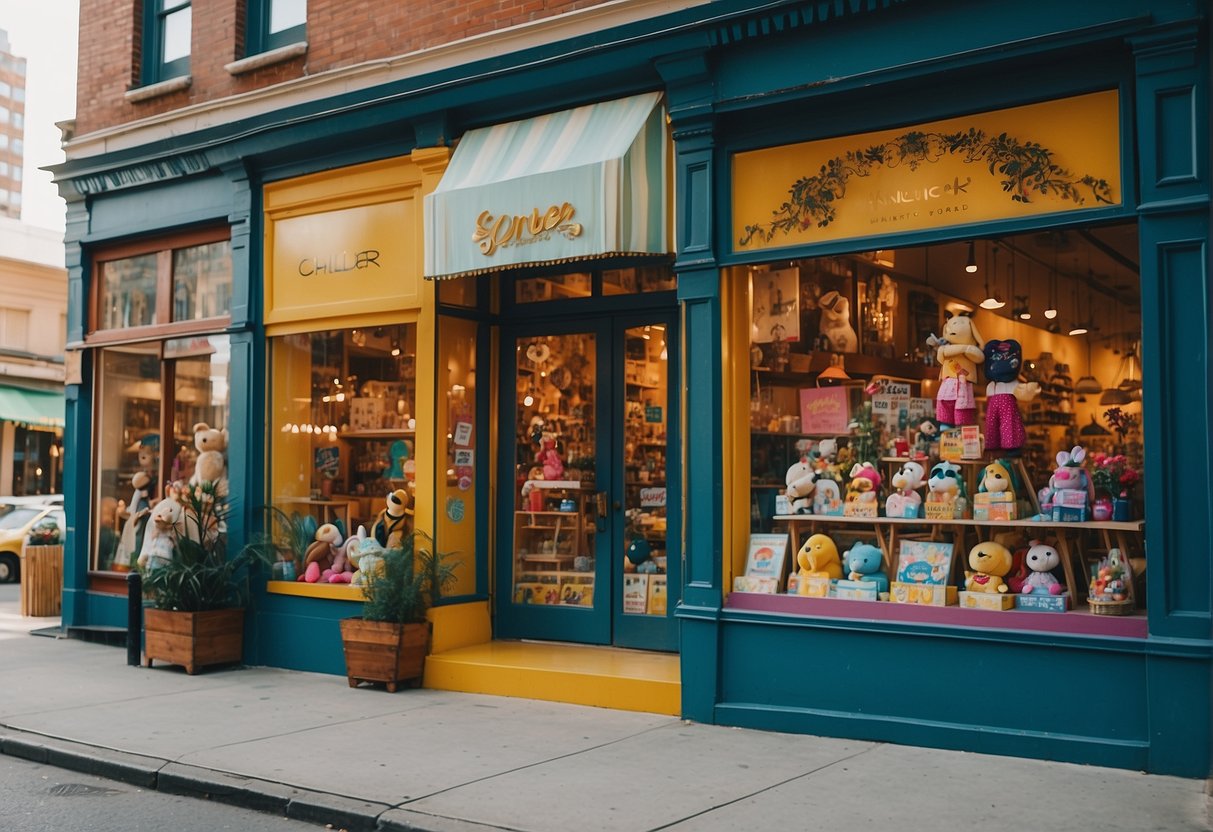 Brightly colored storefronts line the bustling streets, adorned with playful signage and whimsical window displays showcasing the latest in children's fashion and toys