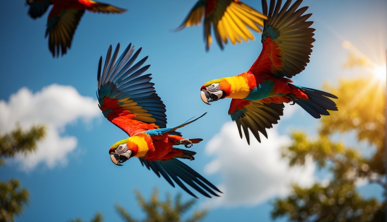 Vibrant macaws soar through the vibrant sky, their colorful feathers creating a stunning display of reds, blues, and yellows