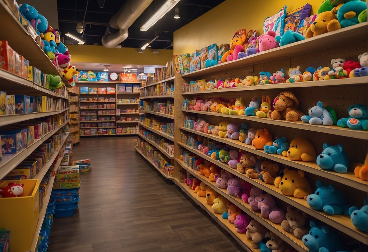 Brightly colored toy shelves line the walls of a bustling store in Portland, Oregon. A variety of toys and games are displayed, with children and families browsing the aisles