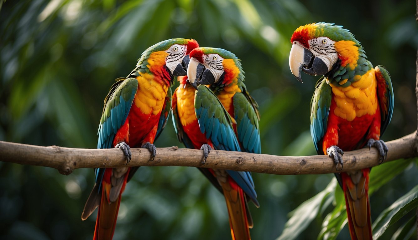 Vibrant macaws perch on lush, tropical branches.

Their feathers shine in a dazzling array of colors, from fiery reds and oranges to brilliant blues and greens.

The sun illuminates their iridescent plumage, creating a stunning display of
