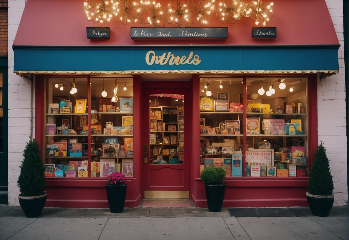 A colorful storefront with vibrant signage and playful window displays. A whimsical interior filled with toys, books, and clothing in a cozy setting
