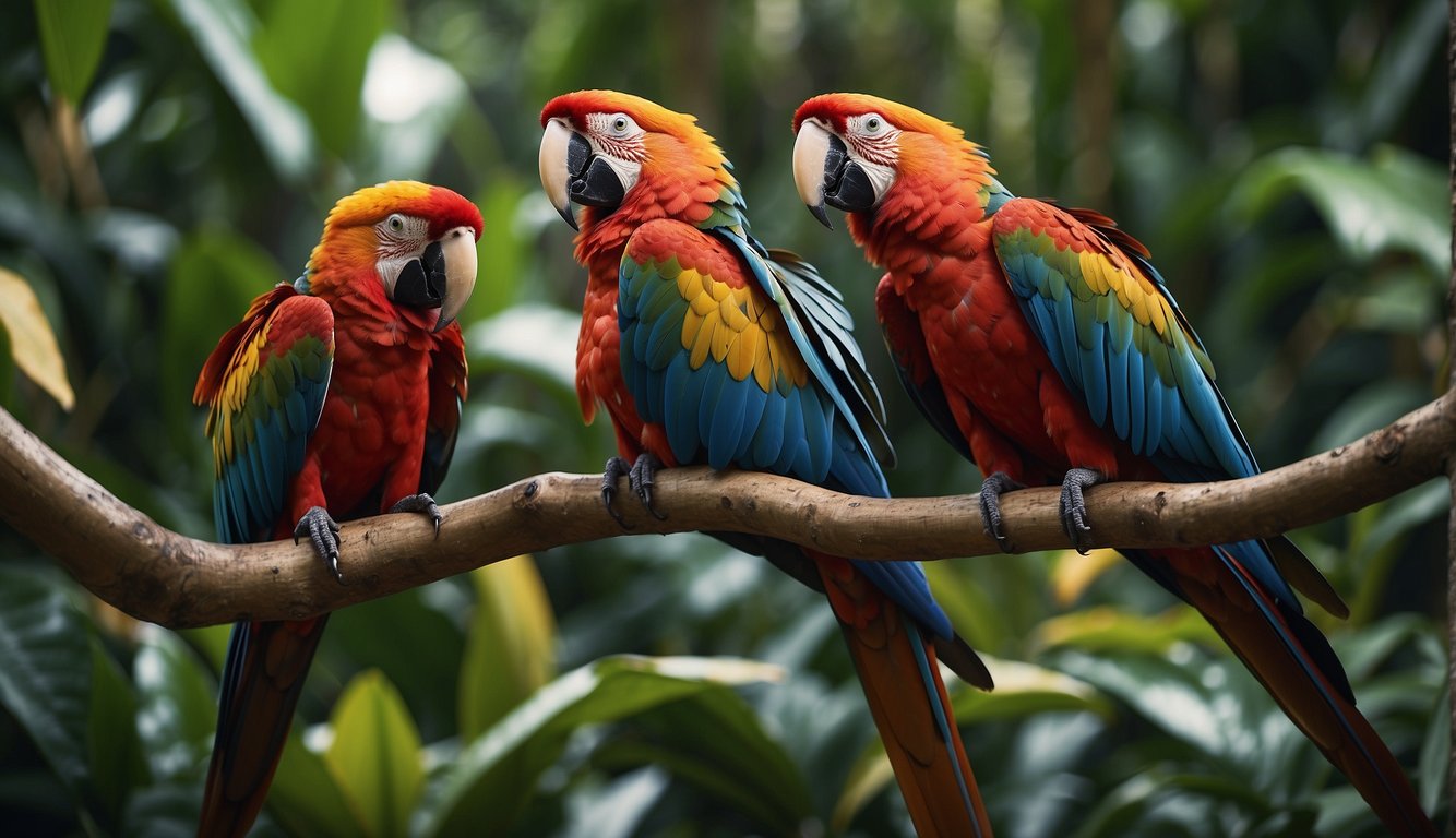 Vibrant macaws soar through a lush jungle, their majestic wings spanning the sky in a display of colorful grandeur