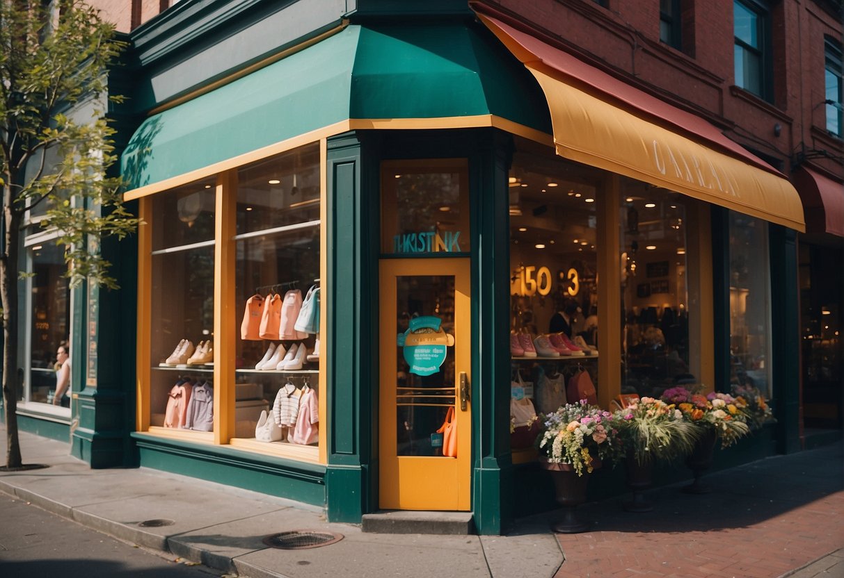 A row of colorful storefronts with bright signage and window displays showcasing children's clothing and accessories in downtown Portland, Oregon