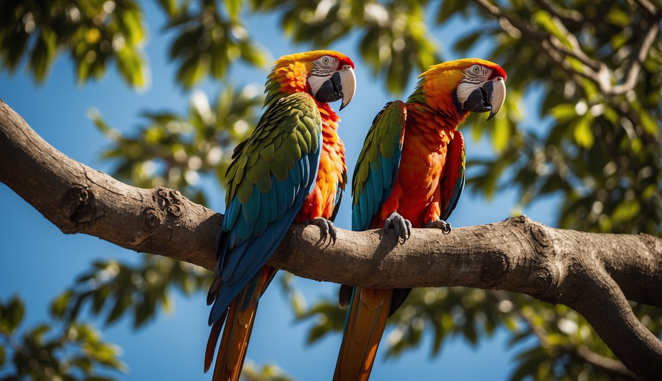 Two majestic macaws perched on a lush tree branch, their vibrant feathers shining in the sunlight against a backdrop of a clear blue sky