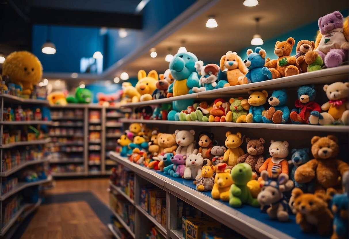 A colorful array of toys fills the shelves, from action figures to stuffed animals. Bright lights illuminate the store, inviting children to explore