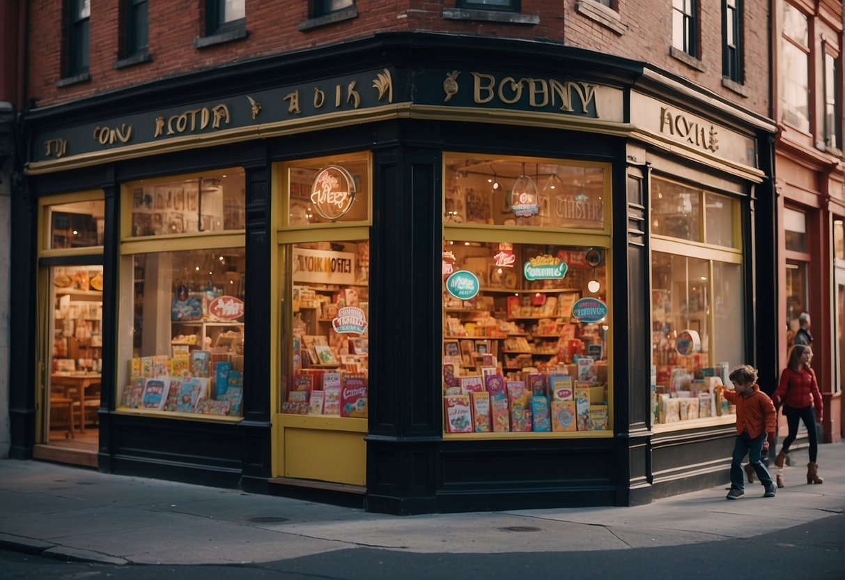 Brightly colored storefronts line the bustling street, with cheerful signage and playful window displays inviting families inside. The air is filled with the sound of children's laughter and the excitement of finding the perfect toy or outfit