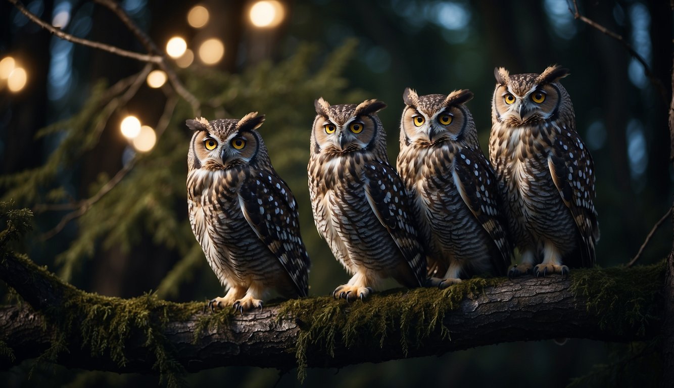 A group of wise owls perched on tree branches, their sharp eyes scanning the dark forest.

The moonlight illuminates their majestic feathers, creating an aura of mystery and wisdom