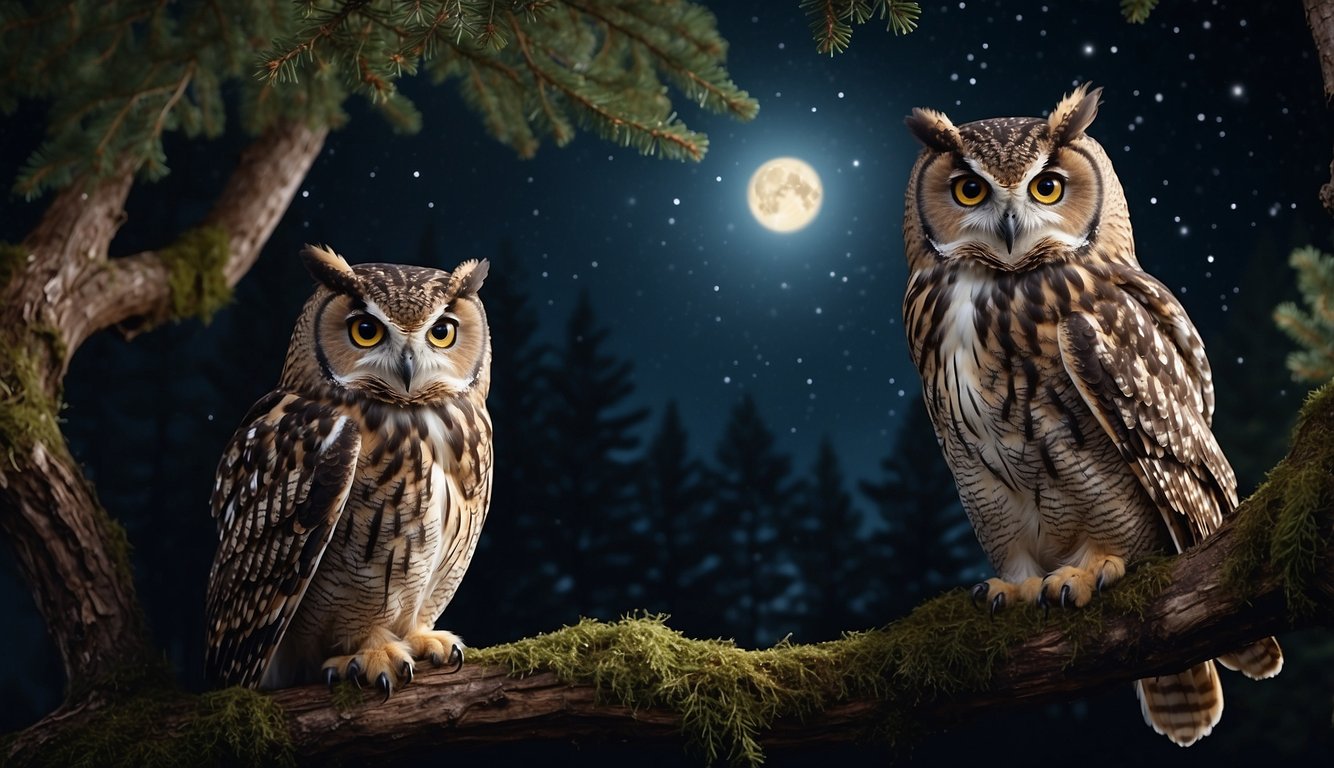 A moonlit forest clearing, two wise owls perched on a gnarled branch, their piercing eyes gazing into the starry night sky