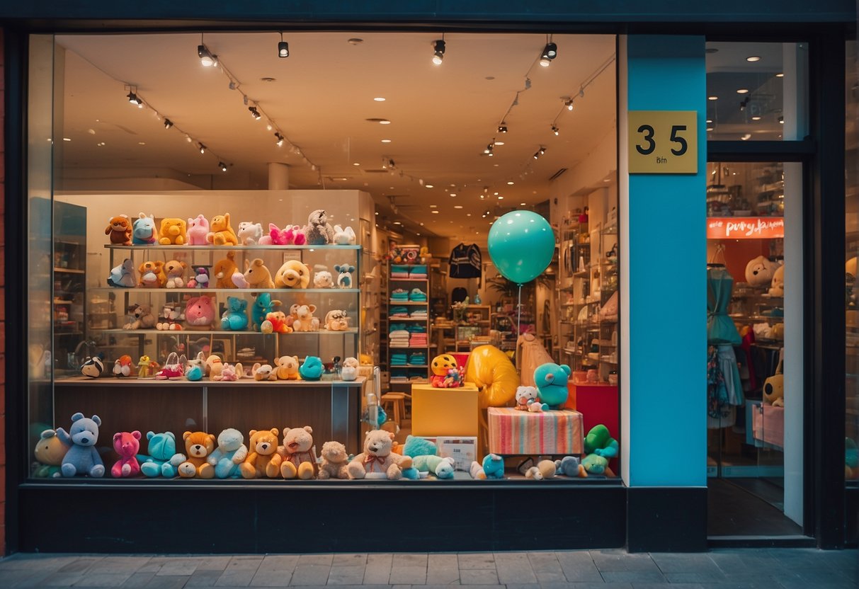 A colorful storefront with toys and children's clothing. A playful atmosphere with bright signage and window displays. Vibrant and inviting