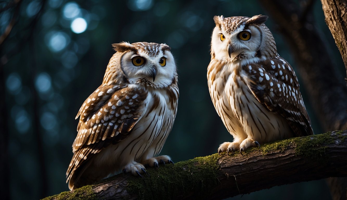 Owls perched on ancient trees, eyes gleaming in the moonlight.

One owl holds a shimmering talisman, while another spreads its wings in a protective stance