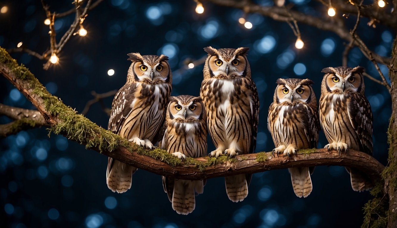 A group of owls perched on tree branches, surrounded by a dark, starry sky.

A conservationist places nesting boxes nearby