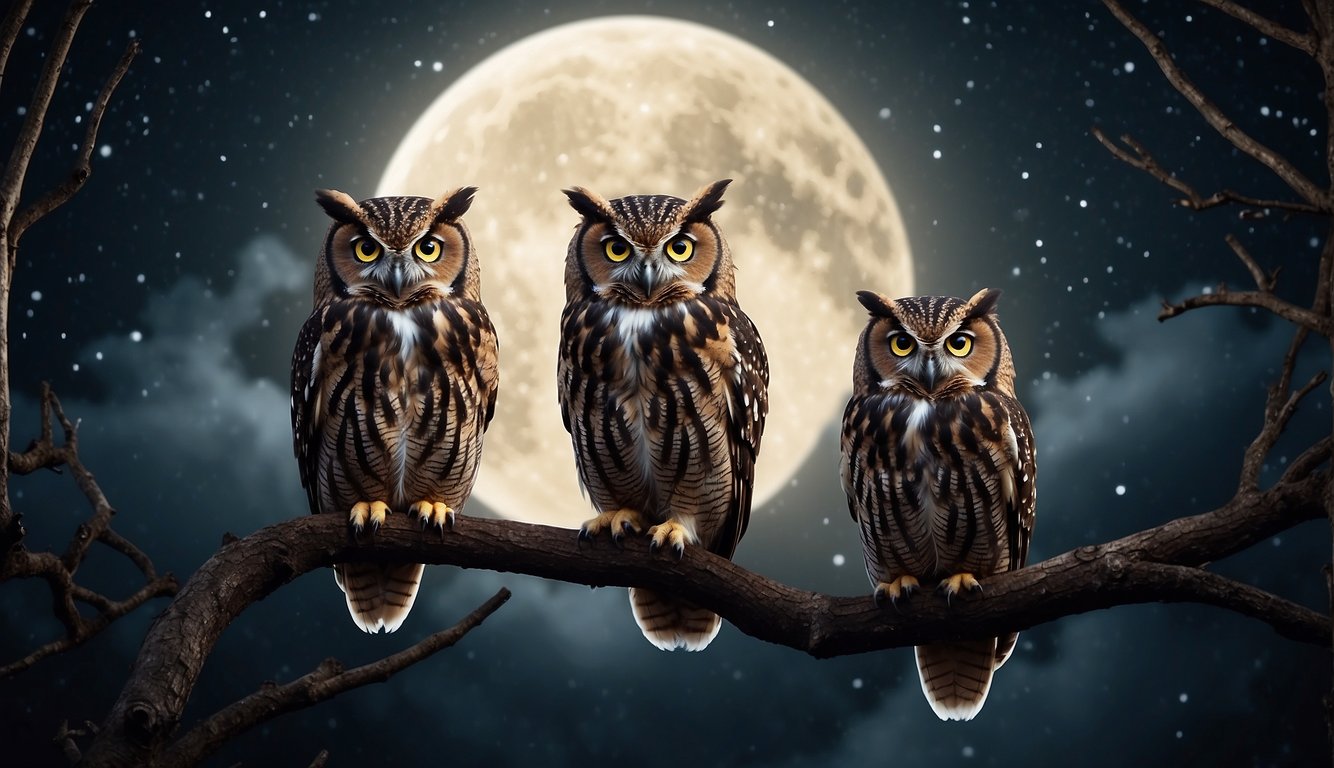 A group of wise owls perched on tree branches, silhouetted against the moonlit sky.

Their piercing eyes and intricate feathers glisten in the night