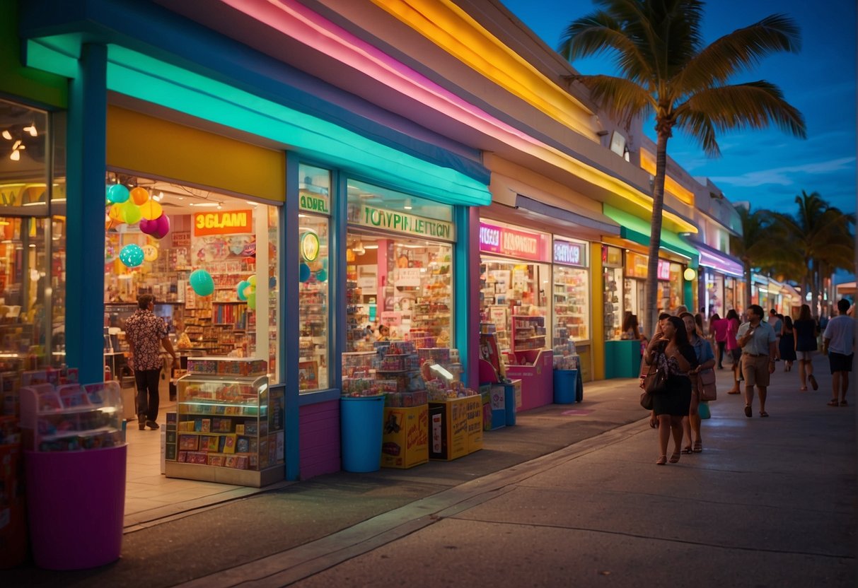 Bright, colorful storefronts line a bustling street in Miami. The stores are filled with toys, clothing, and accessories for kids, with vibrant displays drawing in young shoppers