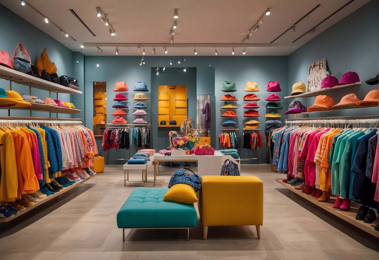 A vibrant display of trendy kids' clothing and accessories in a modern Miami store. Bright colors, stylish designs, and high-quality materials are showcased