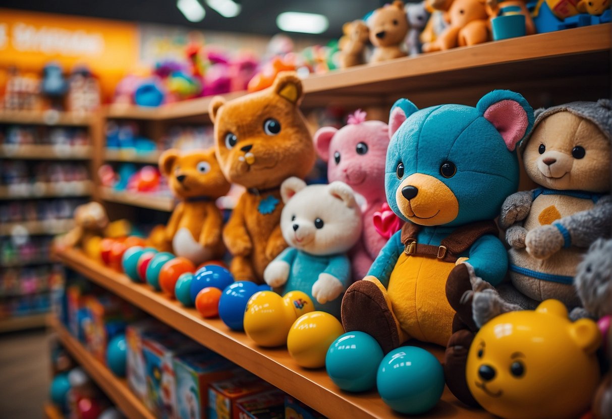 A colorful display of toys and games fills the shelves of a vibrant store in Miami, with plush animals, building blocks, and board games