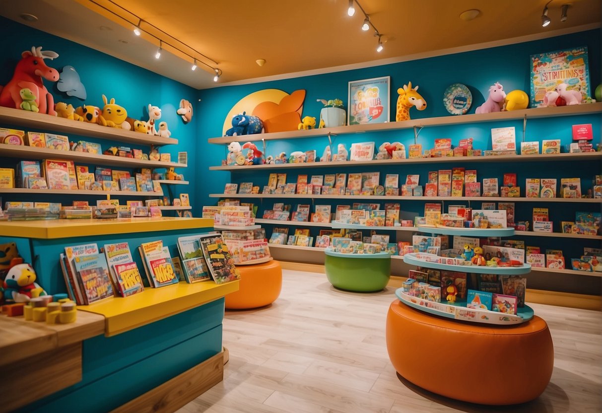 A colorful, vibrant kids store in Miami with shelves filled with toys, books, and games. A playful atmosphere with bright decor and interactive displays